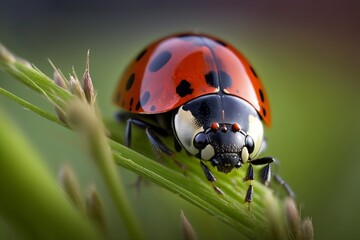 macro image, of a red ladybug in the grass, ai generative - obrazy, fototapety, plakaty