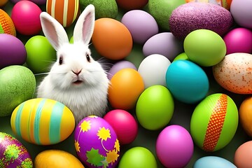 Fototapeta na wymiar Easter card. Adorable Bunny With Easter Eggs. Little rabbit. Generative Ai.