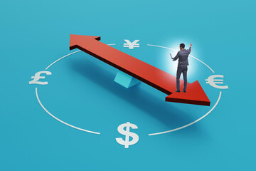 Businessman in currency trading concept with compass