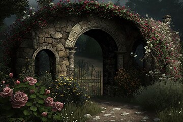 Fairytale arch of stones with flowers. AI