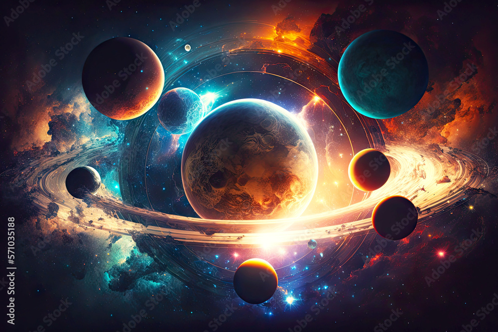 Wall mural energy of the universe in form of magnificent space galaxy with illuminated planets, generative ai