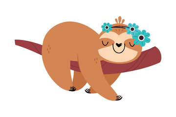 Adorable baby sloth animal hanging on tree branch cartoon vector illustration © topvectors