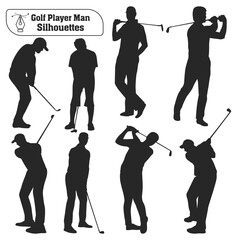 Vector collection of golf player male silhouettes in different poses
