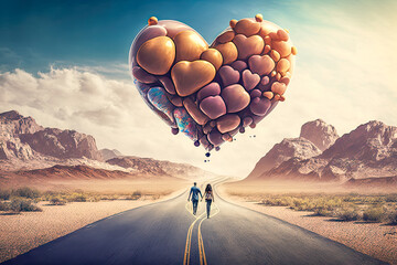 couple walking with heart-shaped balloons