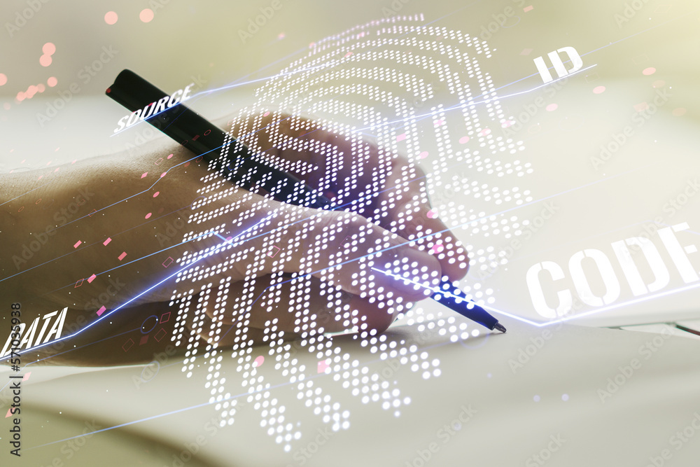 Aufkleber Multi exposure of abstract creative fingerprint illustration with man hand writing in notebook on background, digital access concept