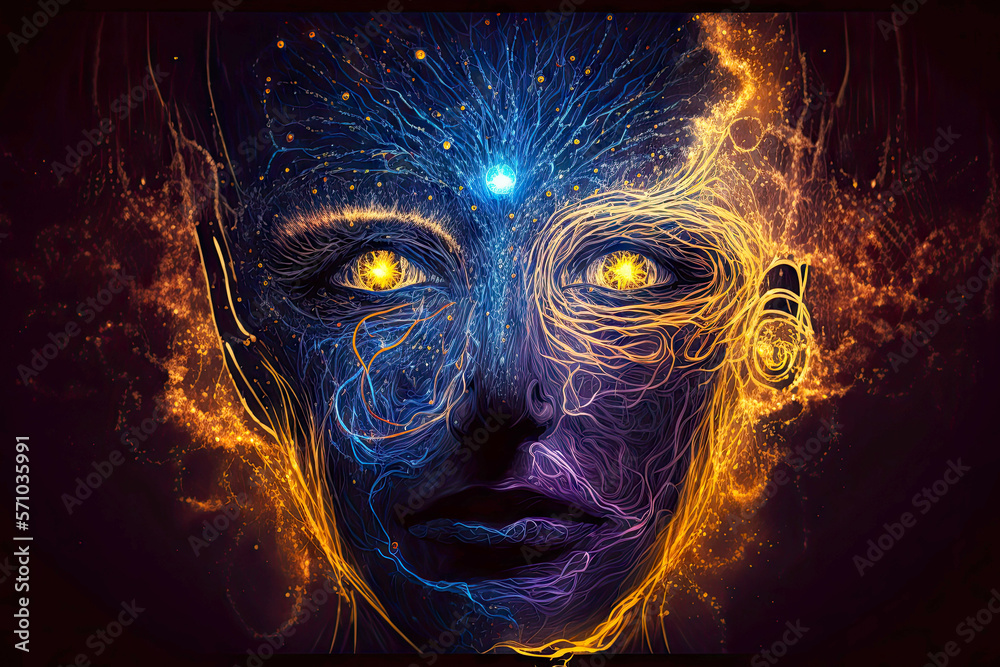 Wall mural symbolic image of human face with mystery in facial features and energy of the universe, generative 