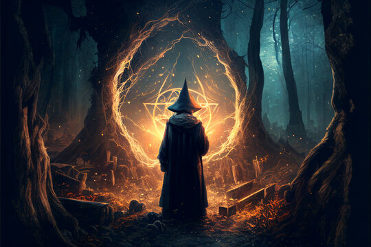 wizard summoning a portal in the dark forest, generative AI