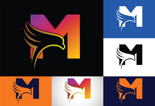 Initial M monogram letter with Eagle head negative space symbol. Creative Eagle head logo design