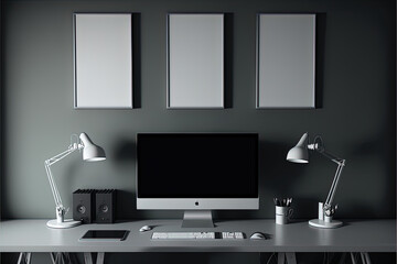 Minimal office space with blank canvas/picture space on the walls for advertising