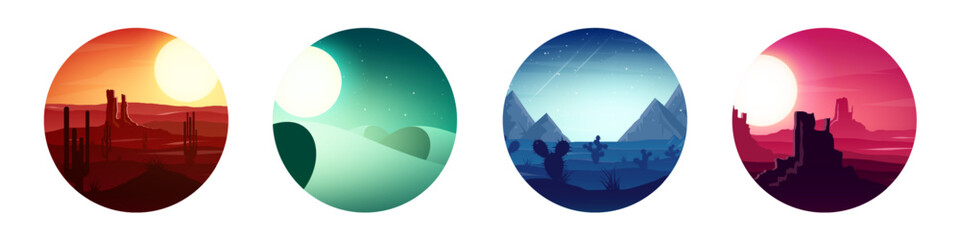 Colorful desert landscape with mountains, hills, sand dunes and deserted valleys. Desert area of Africa or Mexico. Extreme tourism and traveling. Wild West safari tour. Vector illustration