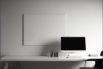 Minimal office space with blank canvas/picture space on the walls for advertising