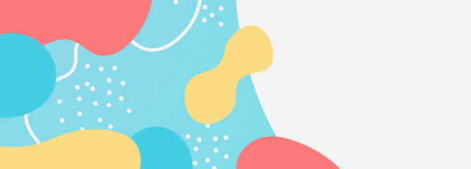 Colorful liquid illustration horizontal banner template. Cyan blue yellow red wavy shapes with place for text. Funny bright kids brochure design blank 