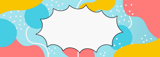 Colorful liquid illustration horizontal banner template. Cyan blue yellow red wavy shapes with place for text. Funny bright kids brochure design blank 