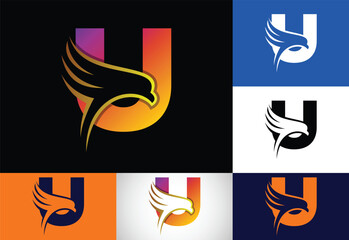 Initial U monogram letter with Eagle head negative space symbol. Creative Eagle head logo design
