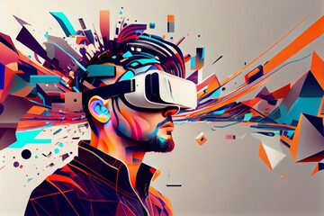 AI Metaverse concept collage design with man wearing VR headset floating though abstract shapes, man with smart glasses futuristic technology. Generative AI