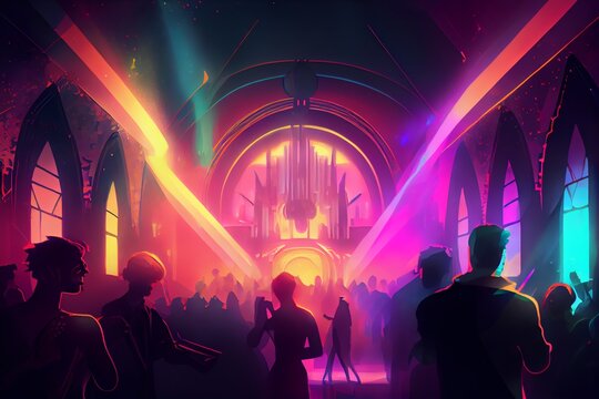 Cinematic disco club in metaverse painting illustration. Generative AI