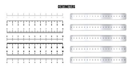 Realistic metal rulers with black centimeter scale for measuring length or height. Various measurement scales with divisions. Ruler, tape measure marks, size indicators. Vector illustration