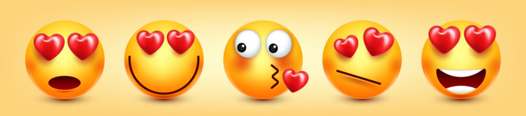 Fototapeta na wymiar Cartoon emoji with hearts, emoticons collection. Yellow face with emotions, mood. Facial expression, realistic emoji. Sad, happy, angry faces. Funny character with smiling face. Vector illustration