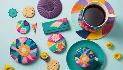  a cup of coffee next to a plate of cookies and cookies on a blue surface with flowers and a cookie cutter next to the plate.  generative ai