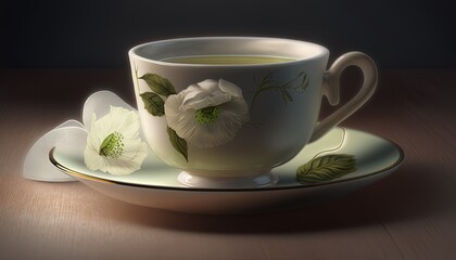  a painting of a cup of tea with a flower on the saucer and saucer on a plate on a wooden table with a black background.  generative ai