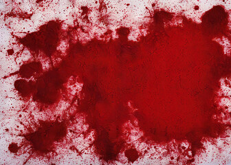 Overhead shot of a large blood puddle, splattered on a flat surface, dirty red liquid drying up like ink.
