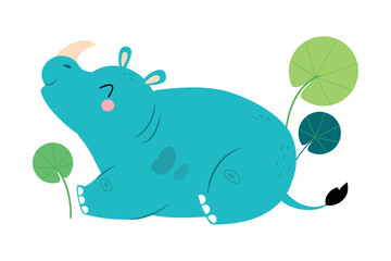 Adorable baby rhino. Cute wild animal cartoon vector illustration