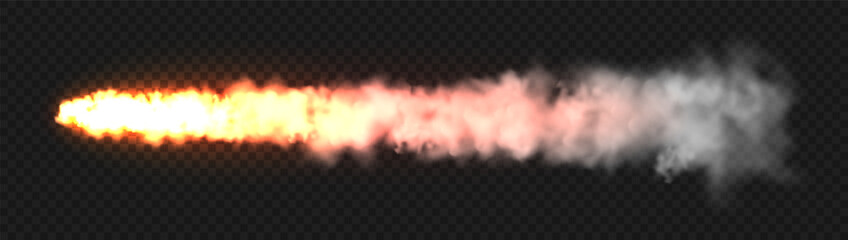 Realistic white smoke with fire, space rocket launch trail. Fire burst, explosion. Missile or bullet trace. Jet aircraft track. Smoke clouds, fog. Steam flow. Vector illustration © 32 pixels