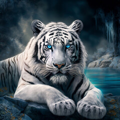 white tiger illustration front viwe blue, white and black