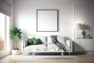 Naklejka na ściany i meble Blank frame on White Wall in living room. Template for Design. Mock Up. AI generated