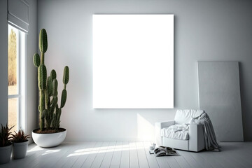 Blank frame on White Wall in living room. Template for Design. Mock Up. AI generated