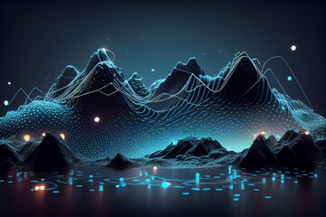 Obraz na płótnie Canvas Technology background with connected dots on 3D wave landscape. Data science, particles, digital world, virtual reality, cyberspace, metaverse concept. Generative AI