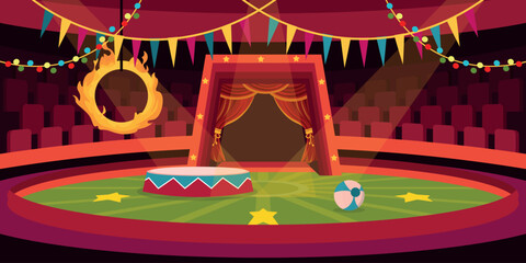 Vector illustration of a cartoon circus arena with a stage and circus ring, a ball under a tent dome with seats, garlands. Hall inside a circus tent. Carnival and circus shows. © MVshop