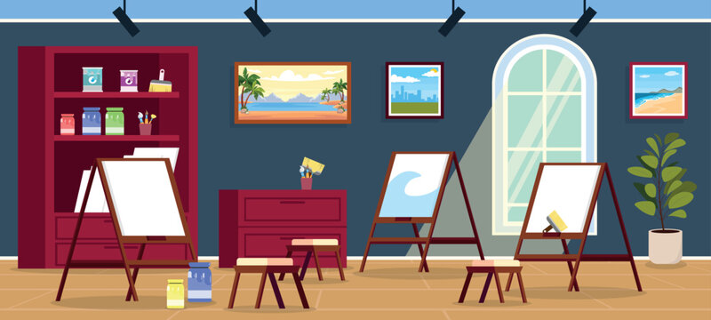 Vector illustration of a beautiful interior of an artist's room. Cartoon interior with paintings, easels, chairs, a cabinet with paints, brushes, canvases, a bedside table, a window, a vase.