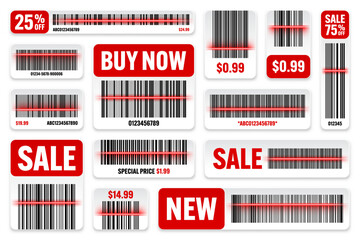 Set of product barcodes with red scanning line. Sale stickers, discount label or promotional badge. Serial number, product ID. Store or supermarket scan labels, price tag. Vector illustration