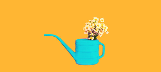 Fototapeta na wymiar Blue watering can with flowers on yellow background, gardening concept