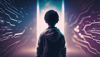 a boy in front of metaverse gate to cyber dimension realm, fantasy sci-fi theme, futuristic lifestyle, Generative Ai