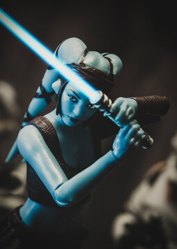 NEW YORK USA, FEB 21 2023: Star Wars the Clone Wars Jedi General Aayla Secura and lightsaber - Hasbro action figure