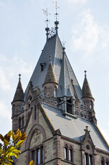 Fototapeta premium The towers of Drachenburg Castle on Drachenfels Hill in Königswinter, Germany.