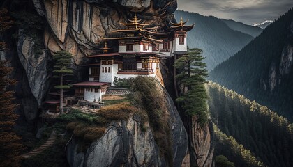 ancient Asian style building on rock cliff, idea for Asian background wallpaper, Generative Ai