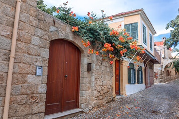 Fototapeta na wymiar Street view of old town of Rhodes, Greece. Paved roads and pavements with colorful houses and fragrant flowers. High quality photo