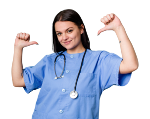 Young nurse woman isolated feels proud and self confident, example to follow.