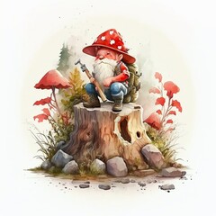 watercolor illustration, a gnome in a red hat, ai generative