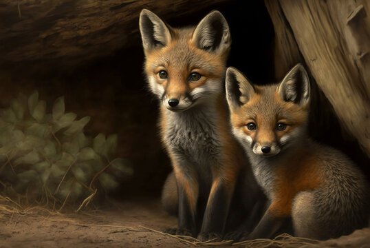 Dos zorros cachorros en su madriguera