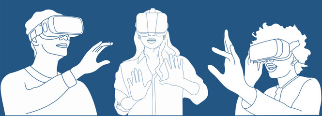 Virtual reality glasses. People in VR glasses. Illustrations of woman and man in VR glasses. Suitable for web and print use. VR set.