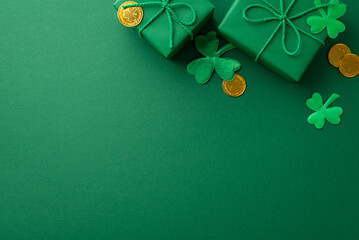 Saint Patrick's Day concept. Top view photo of stylish gift boxes with rope bows gold coins and...
