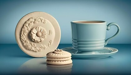 Fototapeta premium a cup of coffee next to a plate with a cookie on it and a cup of coffee in front of it on a blue background. generative ai