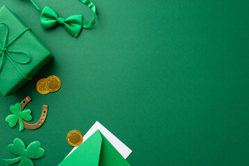 Saint Patrick's Day concept. Top view photo of big giftbox gold coins bow-tie horseshoe envelope...