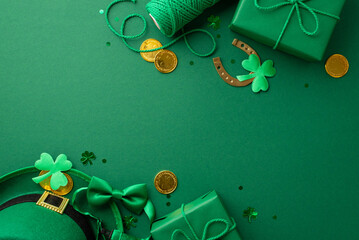 Saint Patrick's Day concept. Top view photo of leprechaun hat present boxes spool of twine gold...