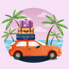 A modern orange car with three multi-colored suitcases on the roof against the backdrop of a summer sunset. Car on the background of the sea and palm trees with a pink background. Road trip postcard