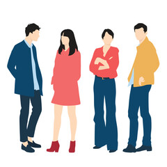 Obraz premium Set of young men and women, different colors, cartoon character, group of silhouettes of standing business people, students, the design concept of flat icon, isolated on white background